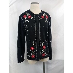 Vtg Erika Christmas Cardigan Sweater Women's Size Medium Beaded Poinsettias 90s